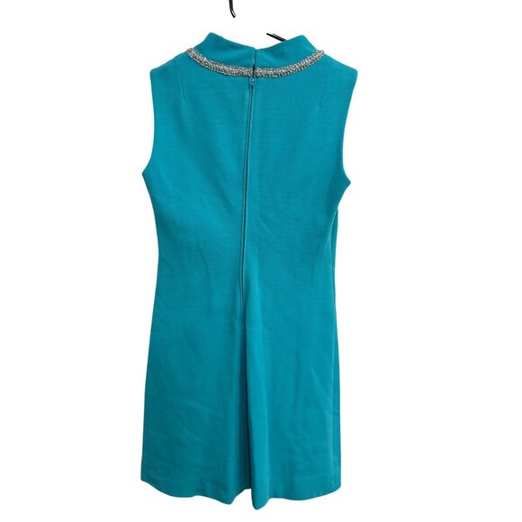 Vintage Sleeveless Turquoise Dress Rhinestone Collar Back Zipper Closure - Picture 2 of 7